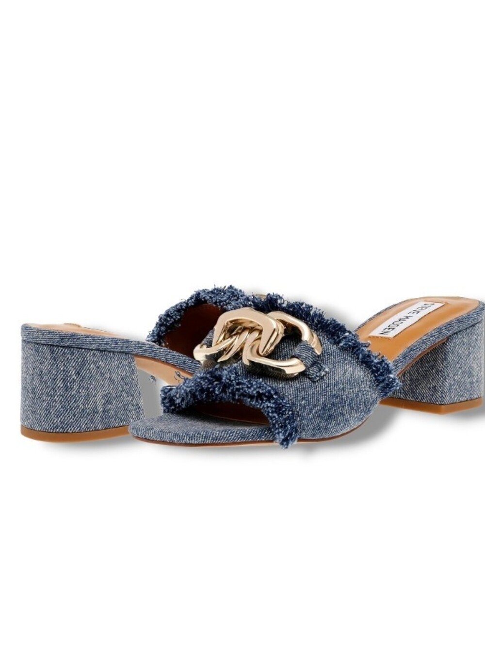 Steve Denim Slide Sandals with Gold Chain Accent